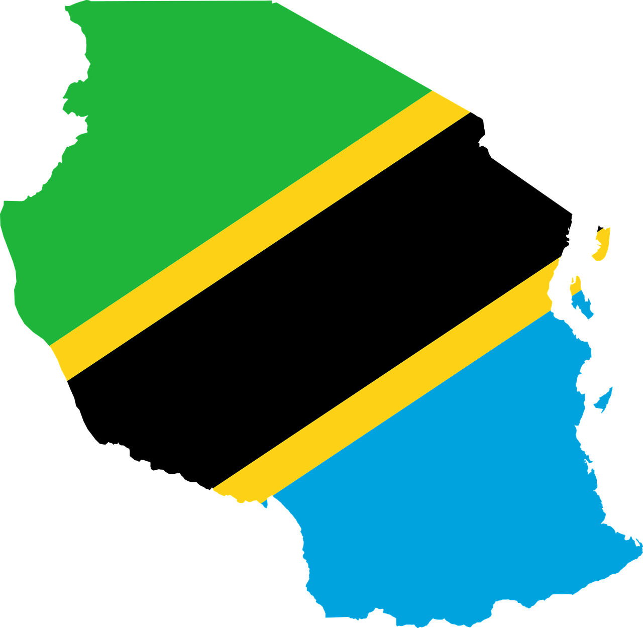 탄자니아 킬리만자로 커피 생산국의 국기와 국토 모양